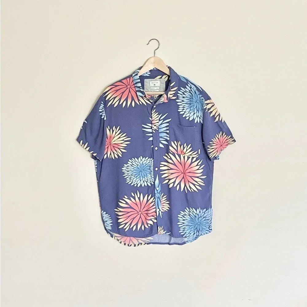 Quiksilver Variable Floral Bijou Blue SS Button Down Shirt Mens Large Modern Fit - Picture 1 of 8